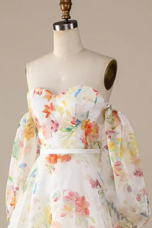 Ivory Floral A-Line Sweep Train Wedding Dress with Sleeves