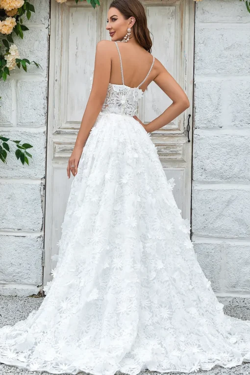 Ivory Floral Lace Sweep Train Wedding Dress