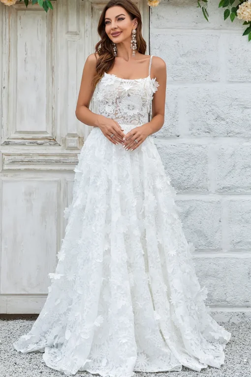 Ivory Floral Lace Sweep Train Wedding Dress