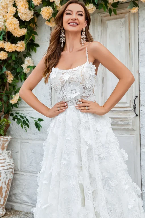 Ivory Floral Lace Sweep Train Wedding Dress