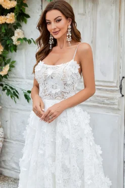 Ivory Floral Lace Sweep Train Wedding Dress