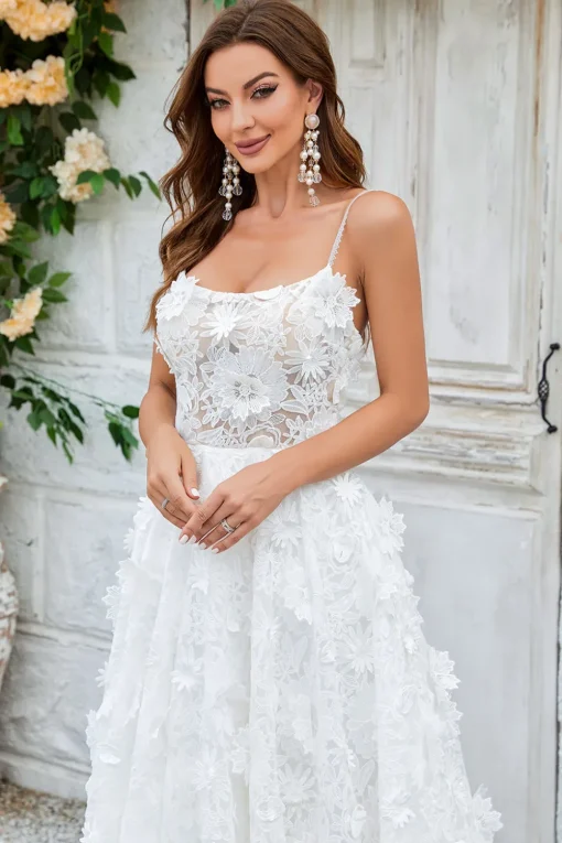 Ivory Floral Lace Sweep Train Wedding Dress