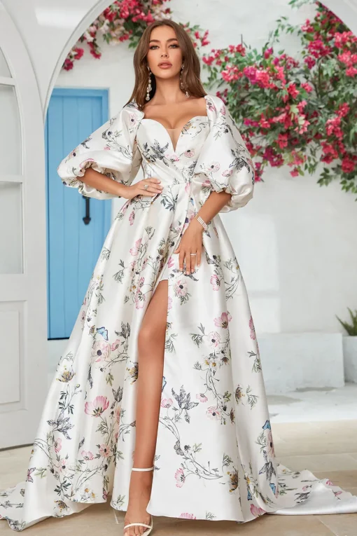 Ivory Floral Satin Chapel Train Wedding Dress