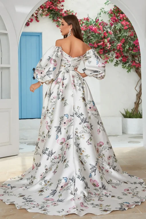 Ivory Floral Satin Chapel Train Wedding Dress