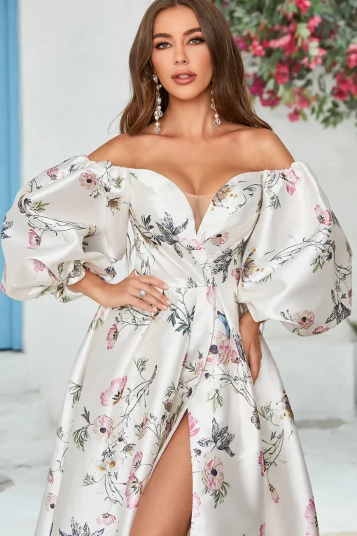 Ivory Floral Satin Chapel Train Wedding Dress