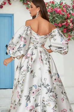 Ivory Floral Satin Chapel Train Wedding Dress