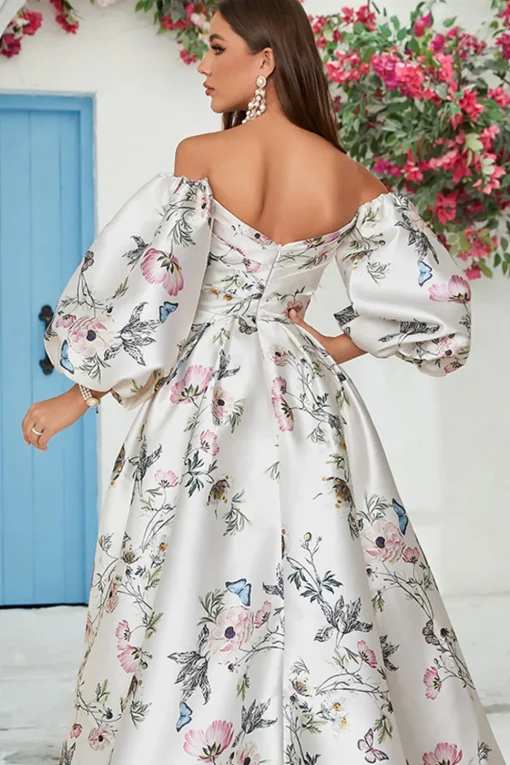 Ivory Floral Satin Chapel Train Wedding Dress