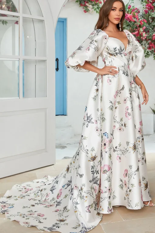 Ivory Floral Satin Chapel Train Wedding Dress