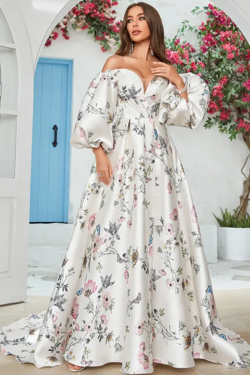 Ivory Floral Satin Chapel Train Wedding Dress