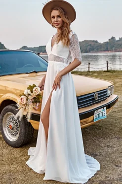 Ivory Lace Chiffon Half Sleeves Boho Wedding Dress With Slit