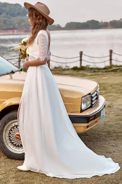 Ivory Lace Chiffon Half Sleeves Boho Wedding Dress With Slit