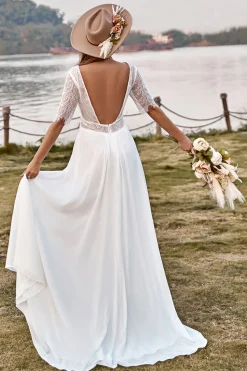 Ivory Lace Chiffon Half Sleeves Boho Wedding Dress With Slit