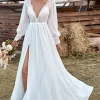 Ivory Lace Chiffon V-Neck Long Sleeve Boho Wedding Dress