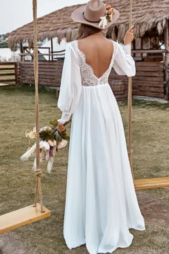 Ivory Lace Chiffon V-Neck Long Sleeve Boho Wedding Dress