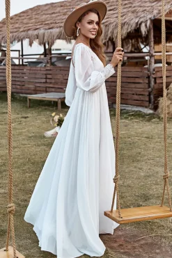 Ivory Lace Chiffon V-Neck Long Sleeve Boho Wedding Dress