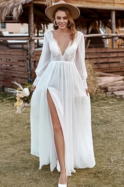 Ivory Lace Chiffon V-Neck Long Sleeve Boho Wedding Dress
