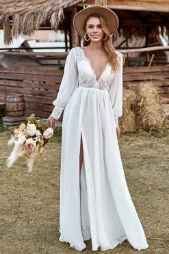 Ivory Lace Chiffon V-Neck Long Sleeve Boho Wedding Dress