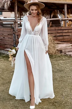 Ivory Lace Chiffon V-Neck Long Sleeve Boho Wedding Dress