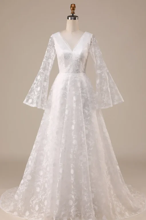 Ivory Lace Flare Sleeves A-Line Wedding Dress