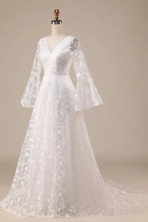 Ivory Lace Flare Sleeves A-Line Wedding Dress
