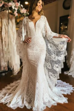 Ivory Long Sleeve Cape Lace Mermaid Wedding Dress with Appliques