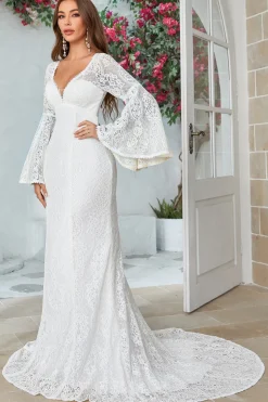Ivory Mermaid Lace Flare Sleeves Wedding Dress