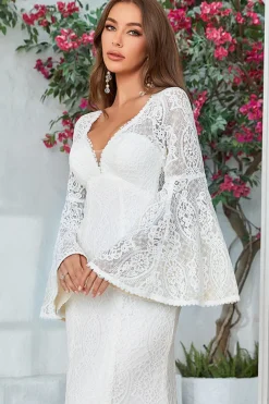 Ivory Mermaid Lace Flare Sleeves Wedding Dress
