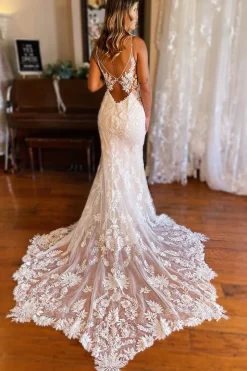 Ivory Mermaid Open Back Long Lace Wedding Dress
