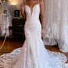 Ivory Mermaid Spaghetti Straps Backless Long Lace Wedding Dress