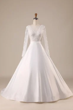 Ivory Satin Sweep Train Long Sleeves Wedding Dress