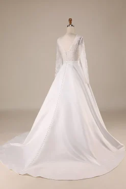 Ivory Satin Sweep Train Long Sleeves Wedding Dress