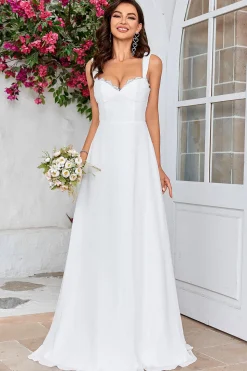 Ivory Scoop Neck Boho Simple Wedding Dress with Lace