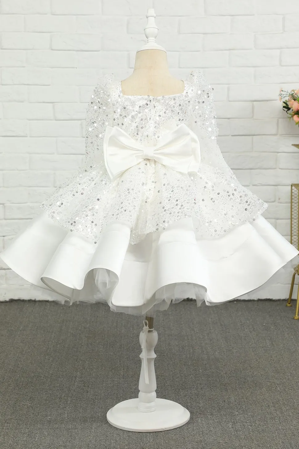 Ivory Sequins Flower Girl Dress with Bow