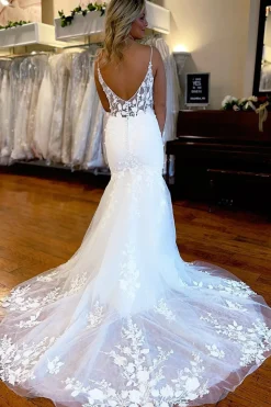 Ivory Spaghetti Straps High Slit Mermaid Wedding Dress with Appliques