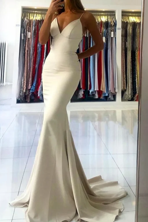 Ivory Spaghetti Straps Simple Mermaid Prom Dress