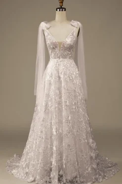 Ivory V-Neck Lace A-Line Wedding Dress with Bowknot
