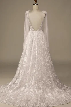 Ivory V-Neck Lace A-Line Wedding Dress with Bowknot