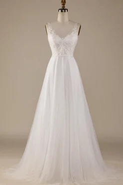 Ivory V-Neck Tulle Sweep Train Wedding Dress with Lace