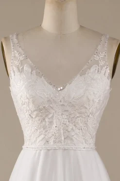 Ivory V-Neck Tulle Sweep Train Wedding Dress with Lace