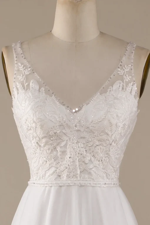 Ivory V-Neck Tulle Sweep Train Wedding Dress with Lace