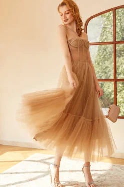 Khaki Polka Dots A Line Tulle Corset Prom Dress