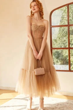 Khaki Polka Dots A Line Tulle Corset Prom Dress