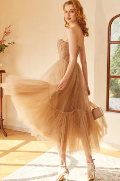 Khaki Polka Dots A Line Tulle Corset Prom Dress