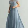 Lace A Line Dusty Blue Chiffon Round Neck Short Sleeves Mother of The Bride Dress