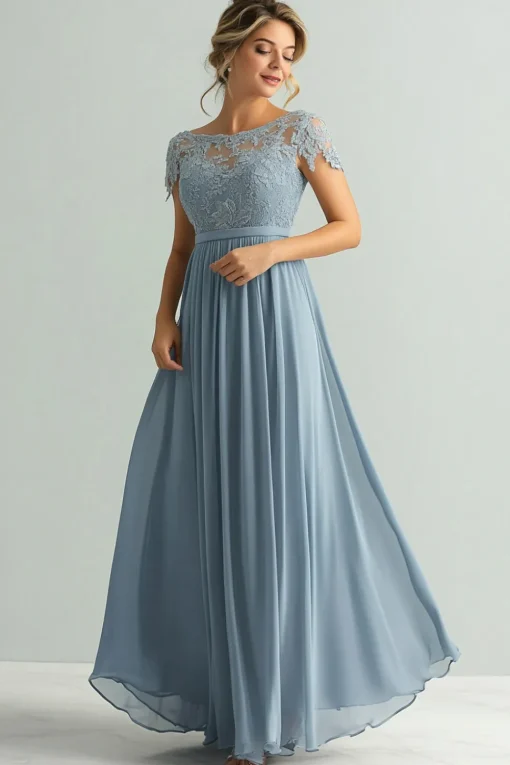 Lace A Line Dusty Blue Chiffon Round Neck Short Sleeves Mother of The Bride Dress