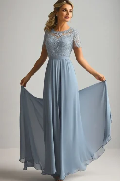 Lace A Line Dusty Blue Chiffon Round Neck Short Sleeves Mother of The Bride Dress