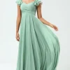 Lace-Up Back A Line Chiffon Green Bridesmaid Dress with Ruffles