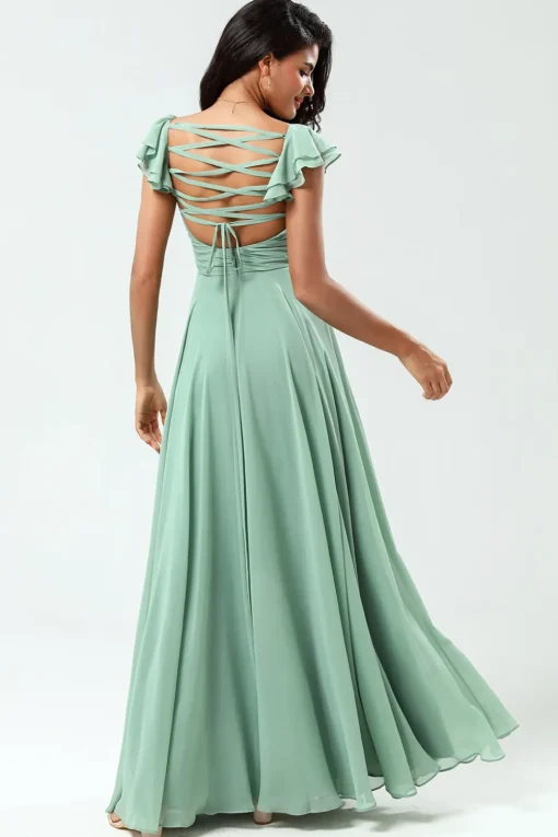 Lace-Up Back A Line Chiffon Green Bridesmaid Dress with Ruffles