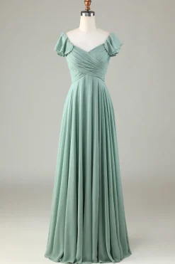 Lace-Up Back A Line Chiffon Green Bridesmaid Dress with Ruffles