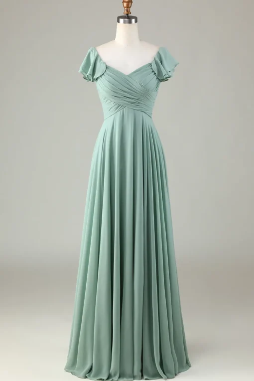 Lace-Up Back A Line Chiffon Green Bridesmaid Dress with Ruffles